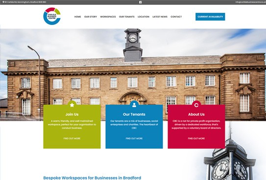 Design preview for Carlisle Business Centre with 3 large homepage buttons to direct users to the relevant parts of the site almost immediately.