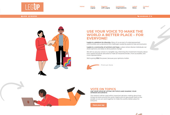 LegUp's design uses vector graphics of people in various job situations. The branding is Orange and White.
